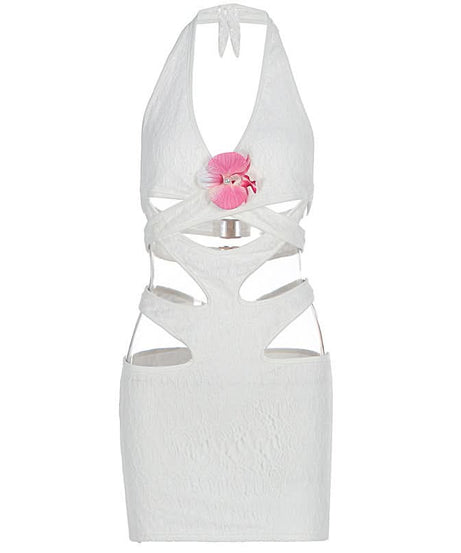 Y2K White Halter Cutout Mini Dress - Daring Floral Accent for Winter Sun Getaways & Party Nights