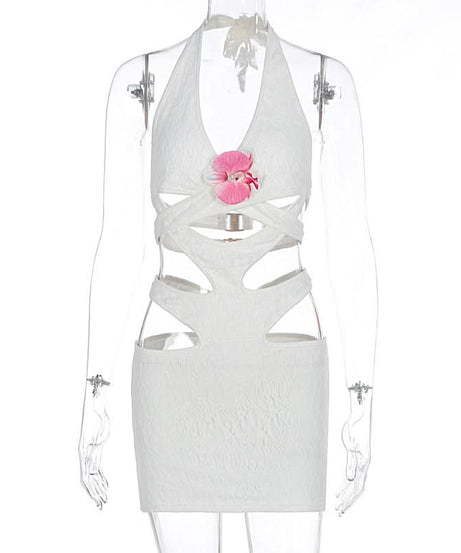 Y2K White Halter Cutout Mini Dress - Daring Floral Accent for Winter Sun Getaways & Party Nights