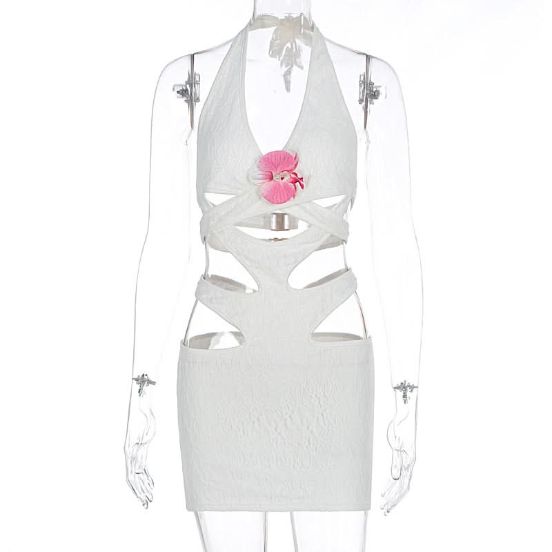 Y2K White Halter Cutout Mini Dress - Daring Floral Accent for Winter Sun Getaways & Party Nights