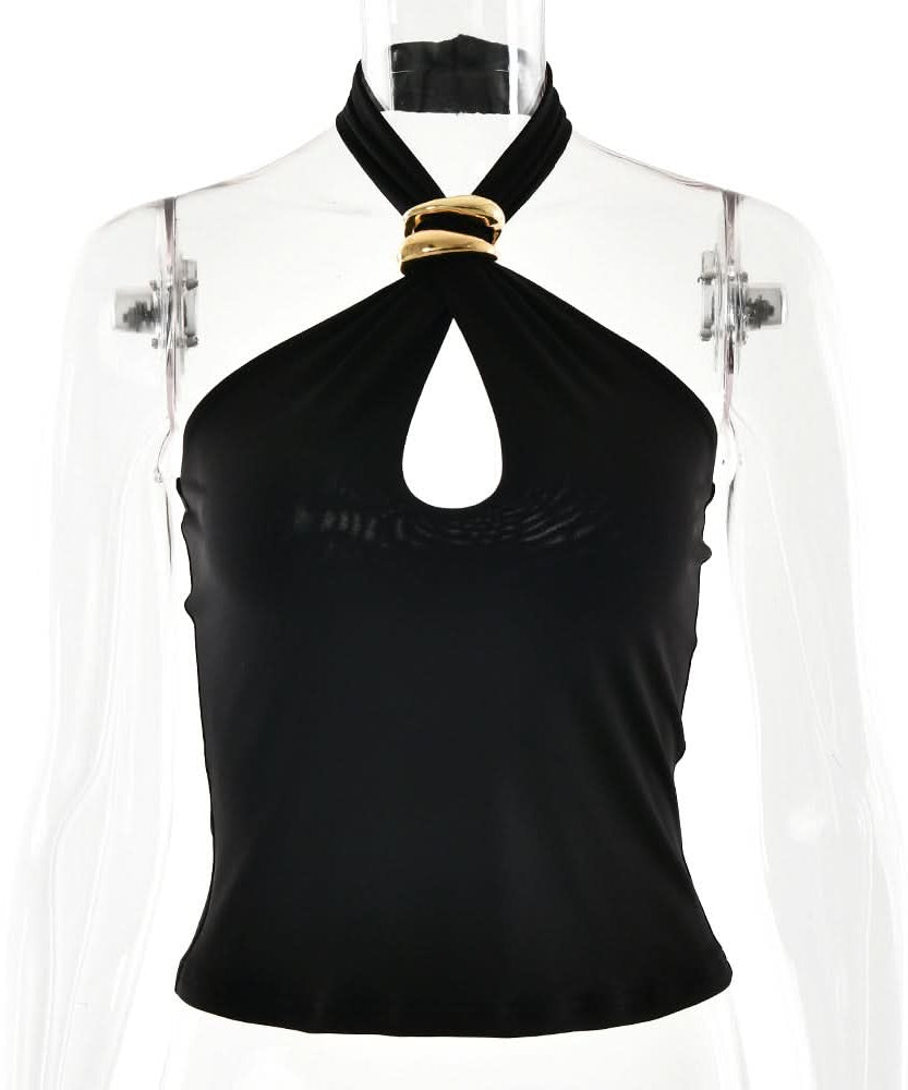 Edgy Black Halter Top with Gold Ring & Keyhole Cutout | Fall Party & Date Night Style