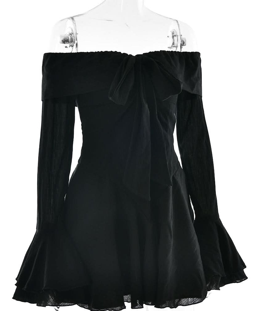 Bewitching Black Off-Shoulder Mini Dress | Bow Detail & Flared Ruffle Sleeves for Fall Parties & Halloween