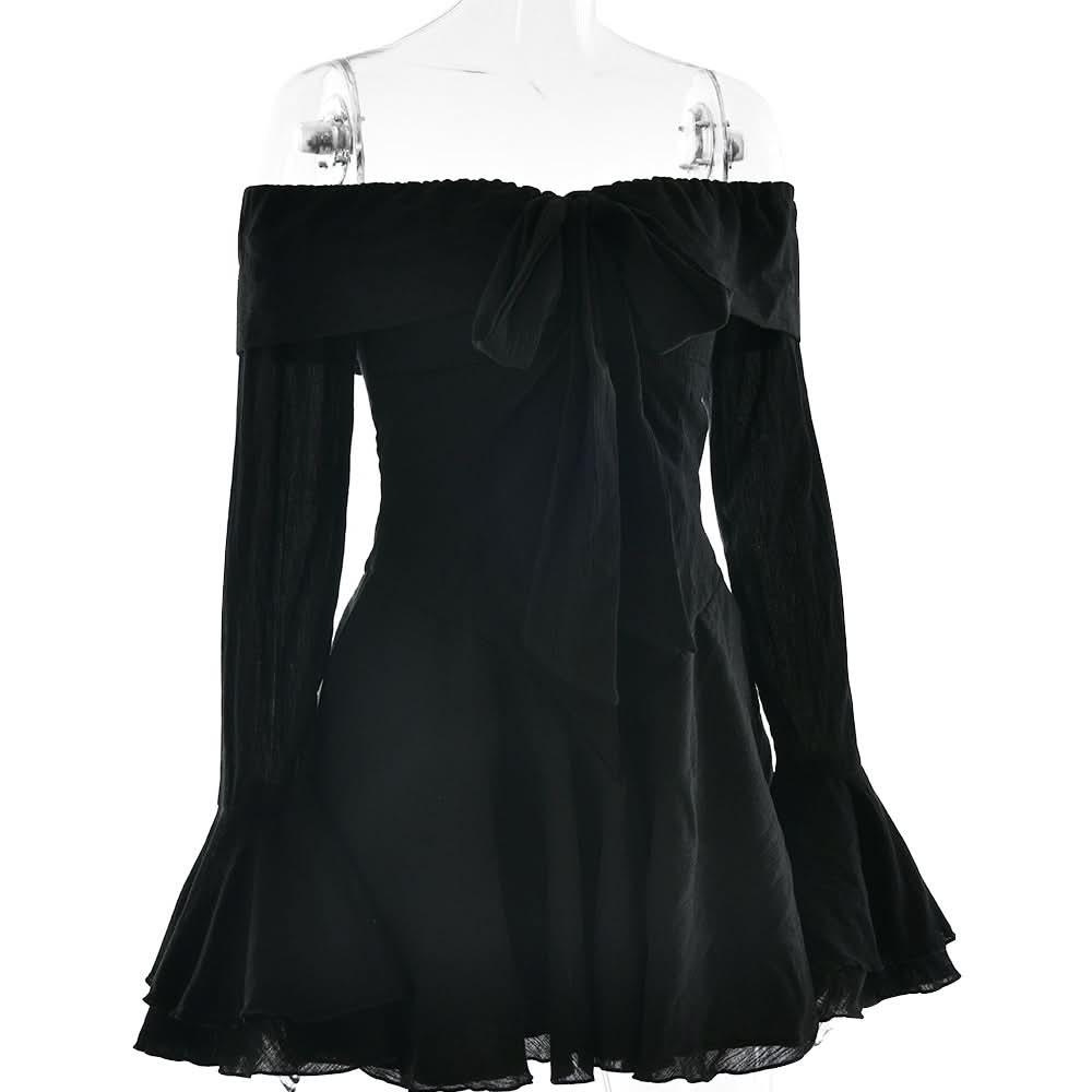 Bewitching Black Off-Shoulder Mini Dress | Bow Detail & Flared Ruffle Sleeves for Fall Parties & Halloween