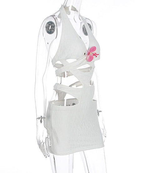 Y2K White Halter Cutout Mini Dress - Daring Floral Accent for Winter Sun Getaways & Party Nights