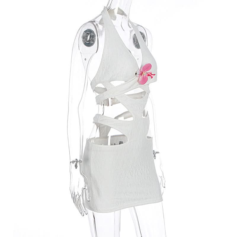 Y2K White Halter Cutout Mini Dress - Daring Floral Accent for Winter Sun Getaways & Party Nights
