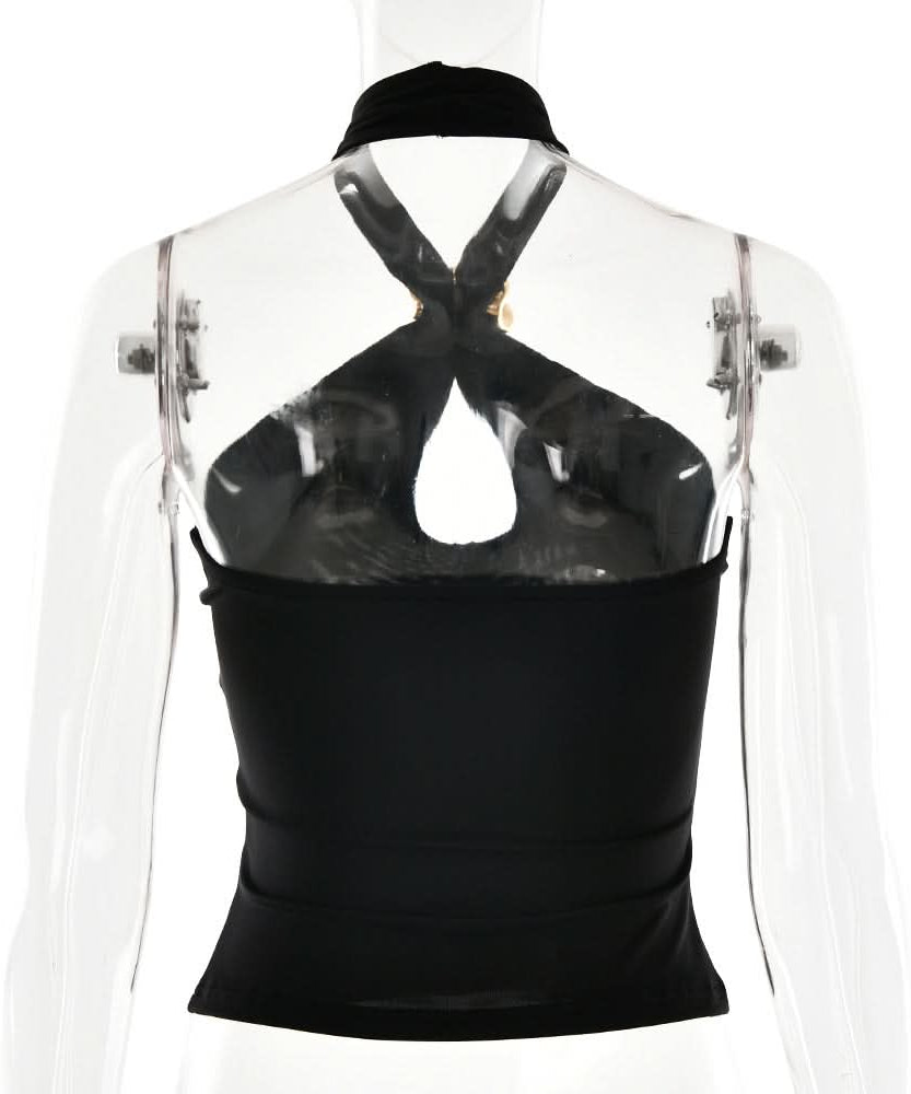 Edgy Black Halter Top with Gold Ring & Keyhole Cutout | Fall Party & Date Night Style