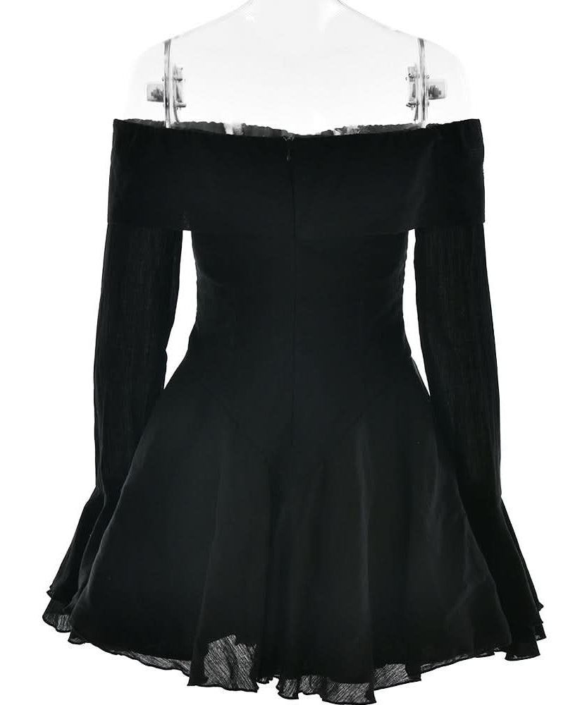 Bewitching Black Off-Shoulder Mini Dress | Bow Detail & Flared Ruffle Sleeves for Fall Parties & Halloween