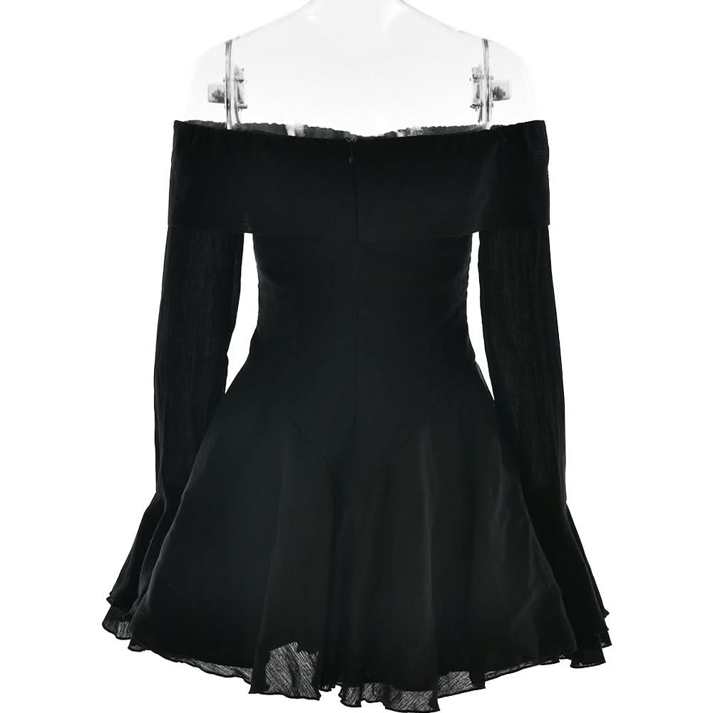Bewitching Black Off-Shoulder Mini Dress | Bow Detail & Flared Ruffle Sleeves for Fall Parties & Halloween