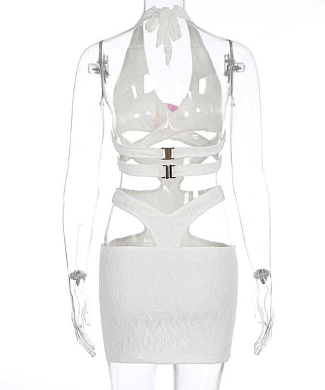 Y2K White Halter Cutout Mini Dress - Daring Floral Accent for Winter Sun Getaways & Party Nights