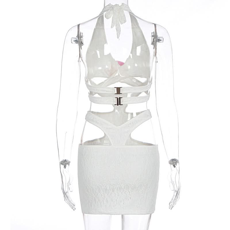 Y2K White Halter Cutout Mini Dress - Daring Floral Accent for Winter Sun Getaways & Party Nights