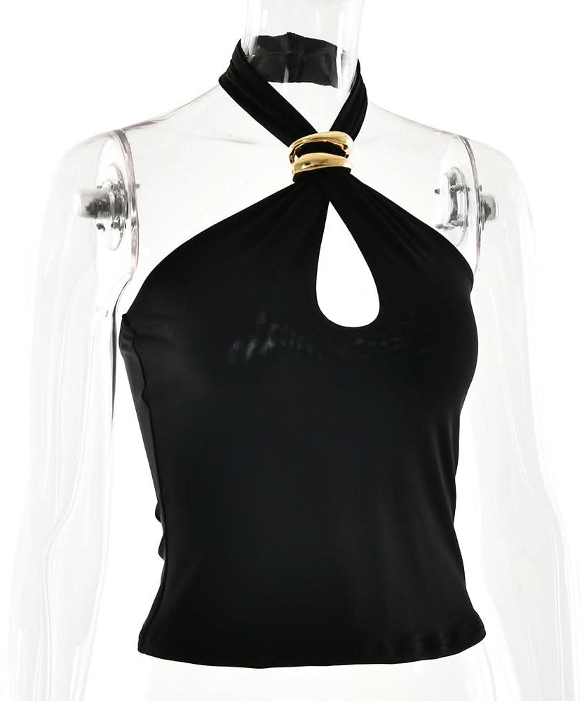 Edgy Black Halter Top with Gold Ring & Keyhole Cutout | Fall Party & Date Night Style