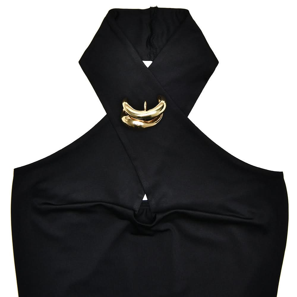 Edgy Black Halter Top with Gold Ring & Keyhole Cutout | Fall Party & Date Night Style