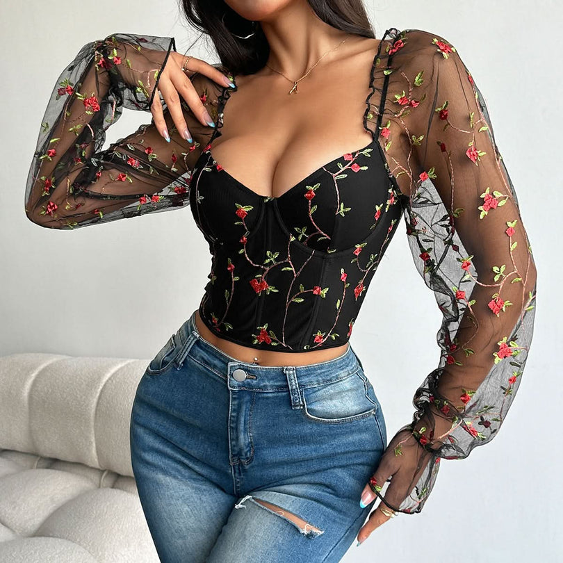 Enchanted Rose Black Floral Mesh Overlay Top & Bustier Crop - Fall Date Night & Halloween Ready