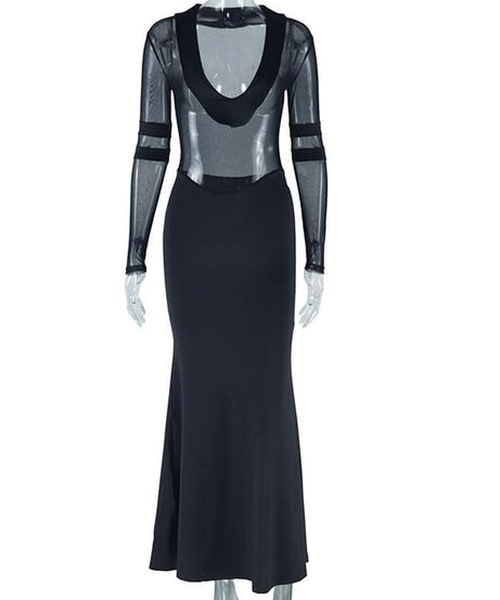 Sultry Black Mesh Illusion Maxi Dress – Long Sleeve Evening & Holiday Party Gown
