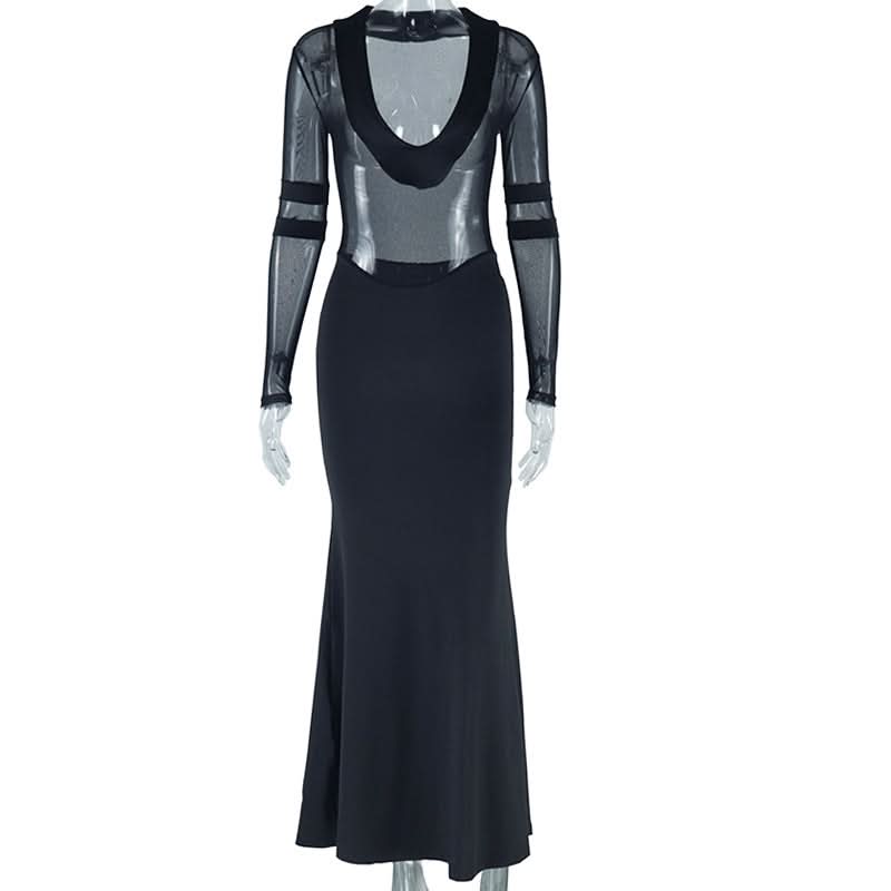 Sultry Black Mesh Illusion Maxi Dress – Long Sleeve Evening & Holiday Party Gown