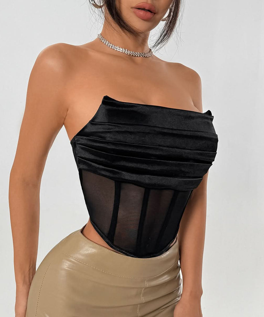 Snatched & Chic: Black Ruched Satin Mesh Corset Tube Top - Your Fall & Holiday Party Statement Piece