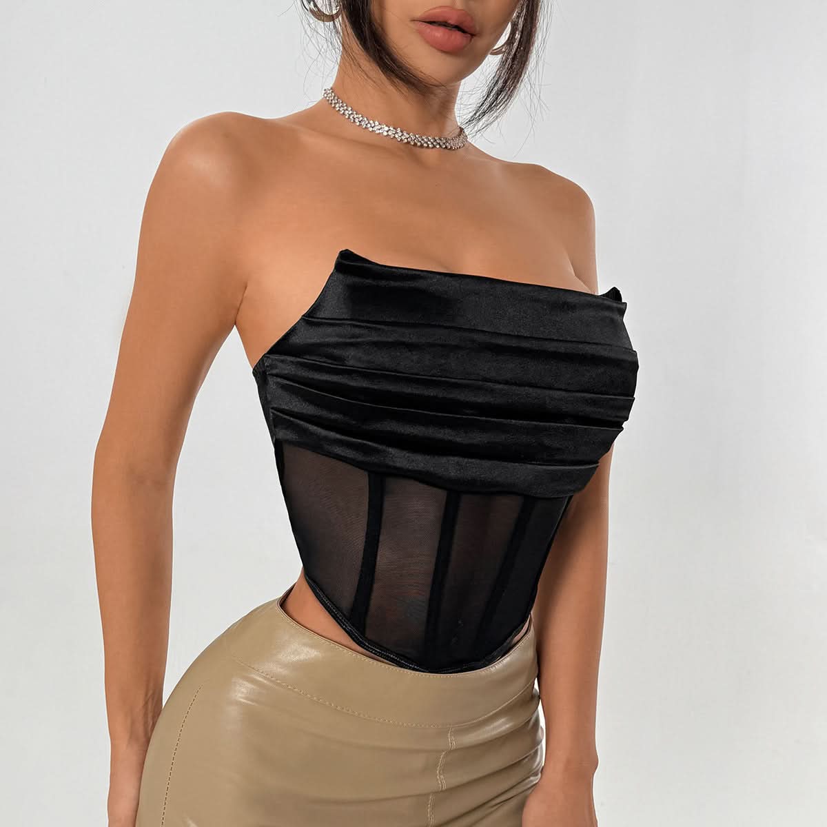 Snatched & Chic: Black Ruched Satin Mesh Corset Tube Top - Your Fall & Holiday Party Statement Piece