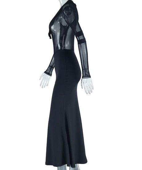 Sultry Black Mesh Illusion Maxi Dress – Long Sleeve Evening & Holiday Party Gown