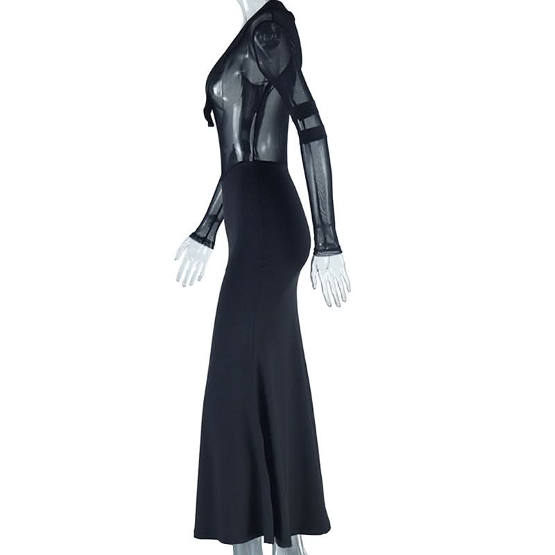 Sultry Black Mesh Illusion Maxi Dress – Long Sleeve Evening & Holiday Party Gown