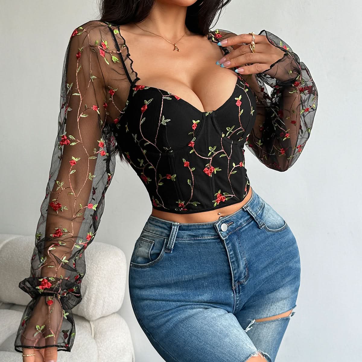 Enchanted Rose Black Floral Mesh Overlay Top & Bustier Crop - Fall Date Night & Halloween Ready