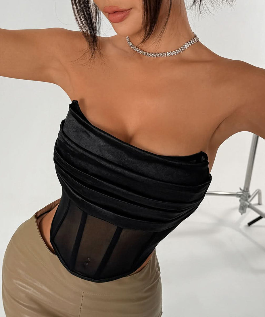 Snatched & Chic: Black Ruched Satin Mesh Corset Tube Top - Your Fall & Holiday Party Statement Piece