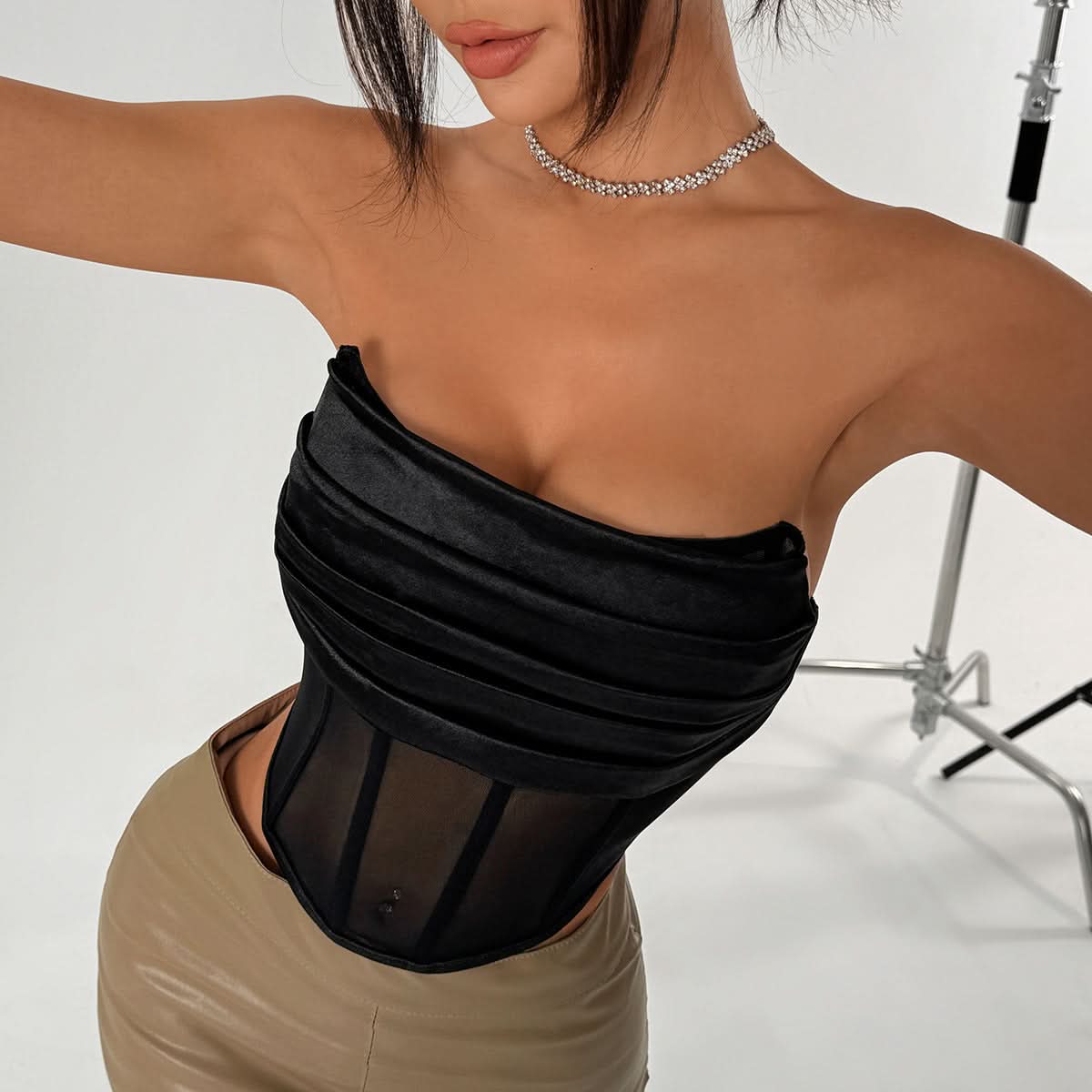 Snatched & Chic: Black Ruched Satin Mesh Corset Tube Top - Your Fall & Holiday Party Statement Piece