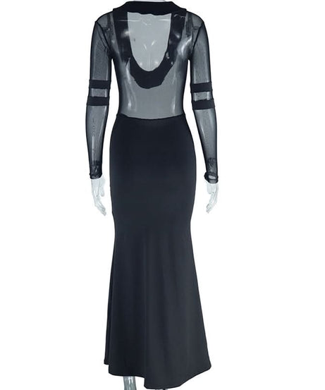 Sultry Black Mesh Illusion Maxi Dress – Long Sleeve Evening & Holiday Party Gown