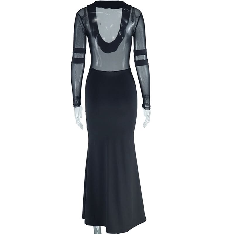 Sultry Black Mesh Illusion Maxi Dress – Long Sleeve Evening & Holiday Party Gown