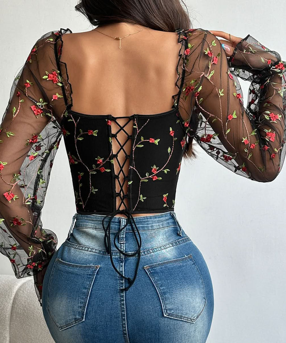 Enchanted Rose Black Floral Mesh Overlay Top & Bustier Crop - Fall Date Night & Halloween Ready