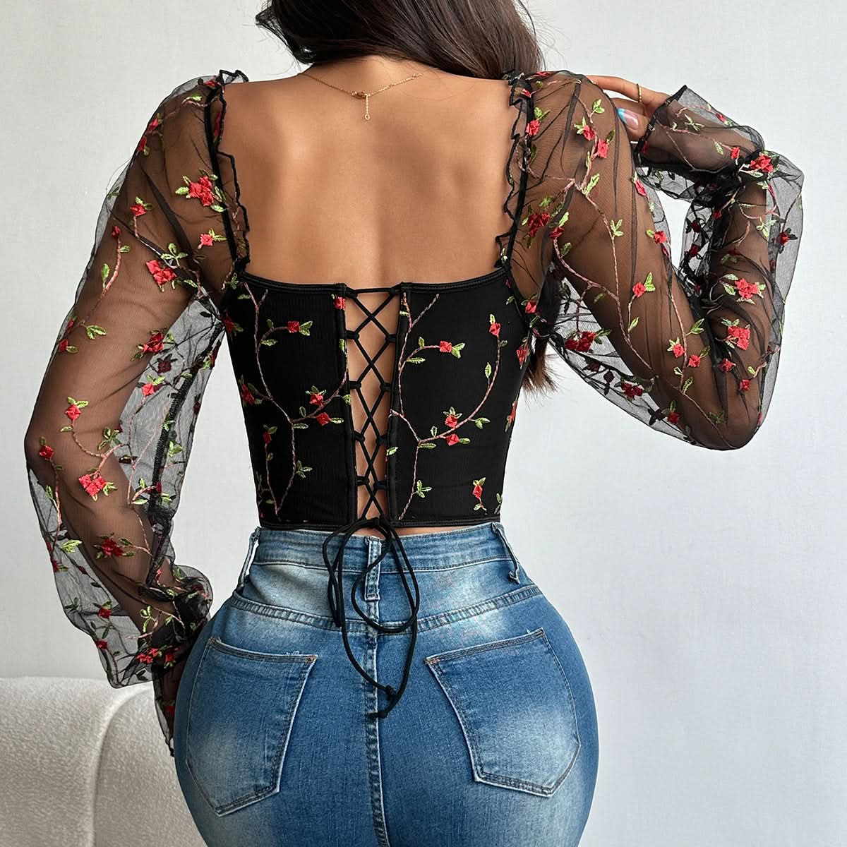 Enchanted Rose Black Floral Mesh Overlay Top & Bustier Crop - Fall Date Night & Halloween Ready