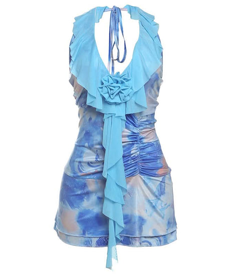 Y2K Dream Blue Abstract Swirl Halter Mini Dress - Ruched & Ruffled for Parties & Vacations