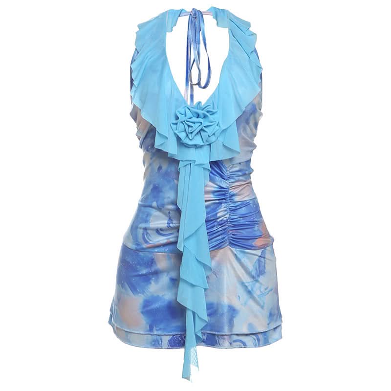 Y2K Dream Blue Abstract Swirl Halter Mini Dress - Ruched & Ruffled for Parties & Vacations