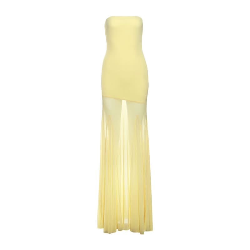 Radiant Golden Hour Strapless Maxi Dress with Sheer Flowy Skirt