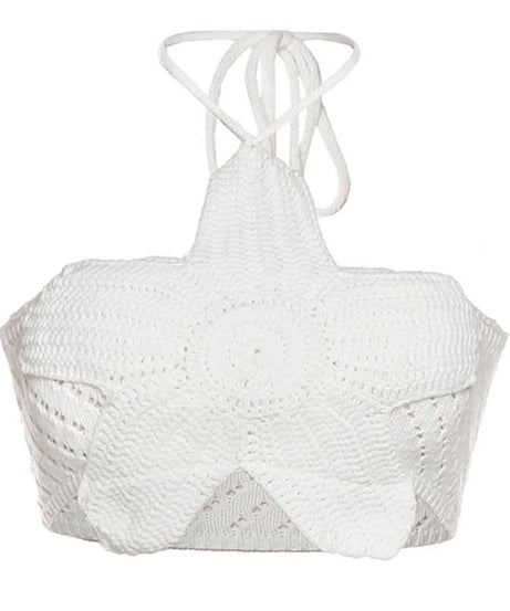 White Celestial Star Crochet Halter Crop Top | Vacation & Resort Ready Women's Style