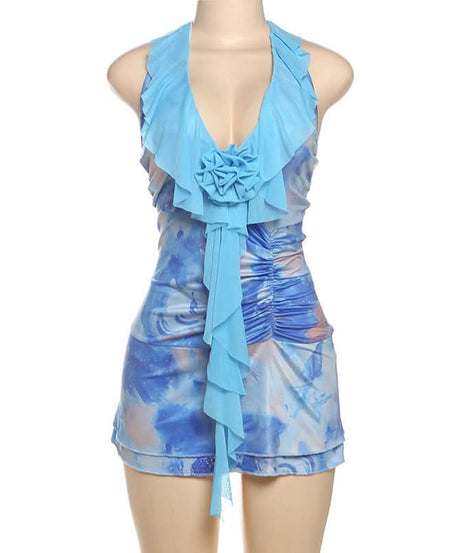 Y2K Dream Blue Abstract Swirl Halter Mini Dress - Ruched & Ruffled for Parties & Vacations