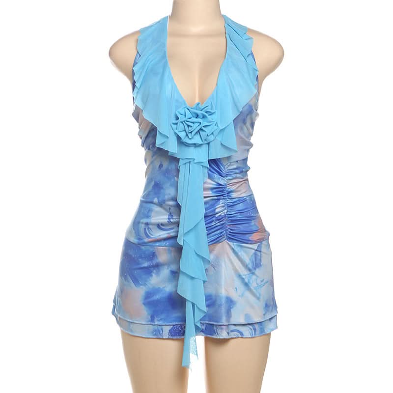 Y2K Dream Blue Abstract Swirl Halter Mini Dress - Ruched & Ruffled for Parties & Vacations