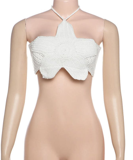 White Celestial Star Crochet Halter Crop Top | Vacation & Resort Ready Women's Style