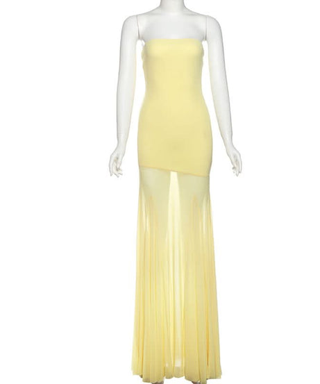 Radiant Golden Hour Strapless Maxi Dress with Sheer Flowy Skirt