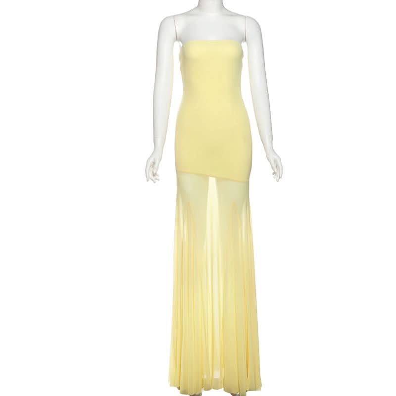 Radiant Golden Hour Strapless Maxi Dress with Sheer Flowy Skirt