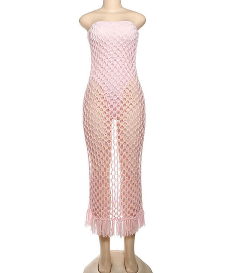 Blush Pink Crochet Maxi Dress & Strapless Bodysuit Set - Your Bold Fall Getaway & Party Statement