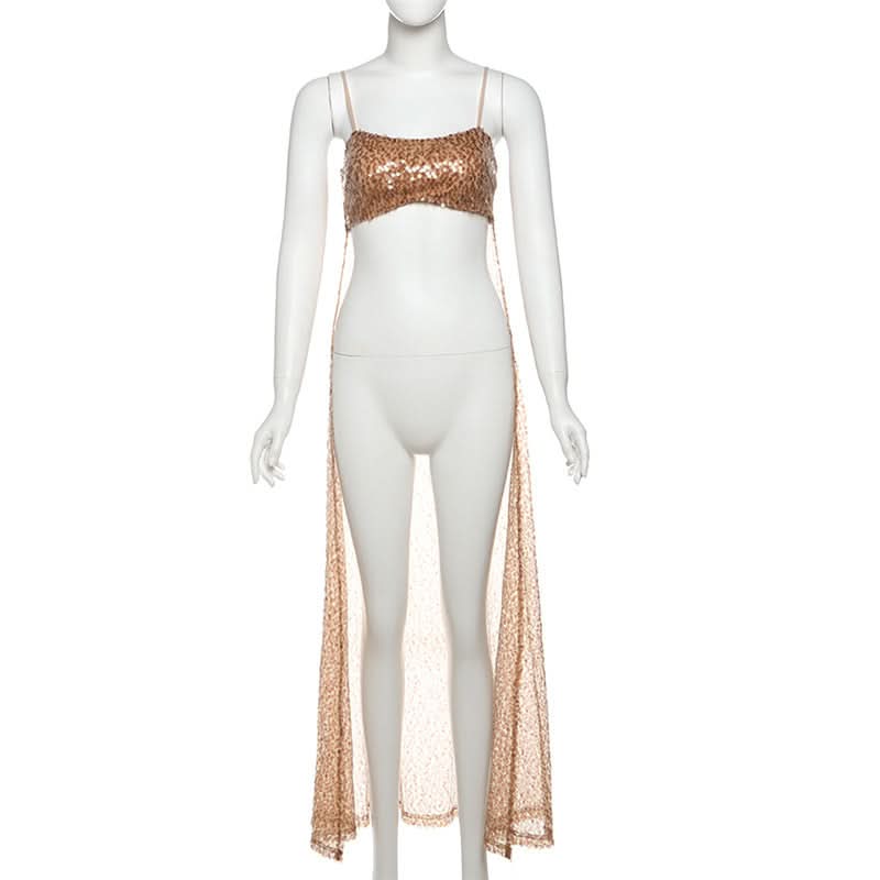 Showstopper Sequin Crop Top with Dramatic Flowy Mesh Train - Fall Party, NYE & Resort Glam