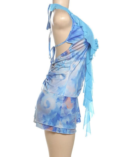 Y2K Dream Blue Abstract Swirl Halter Mini Dress - Ruched & Ruffled for Parties & Vacations