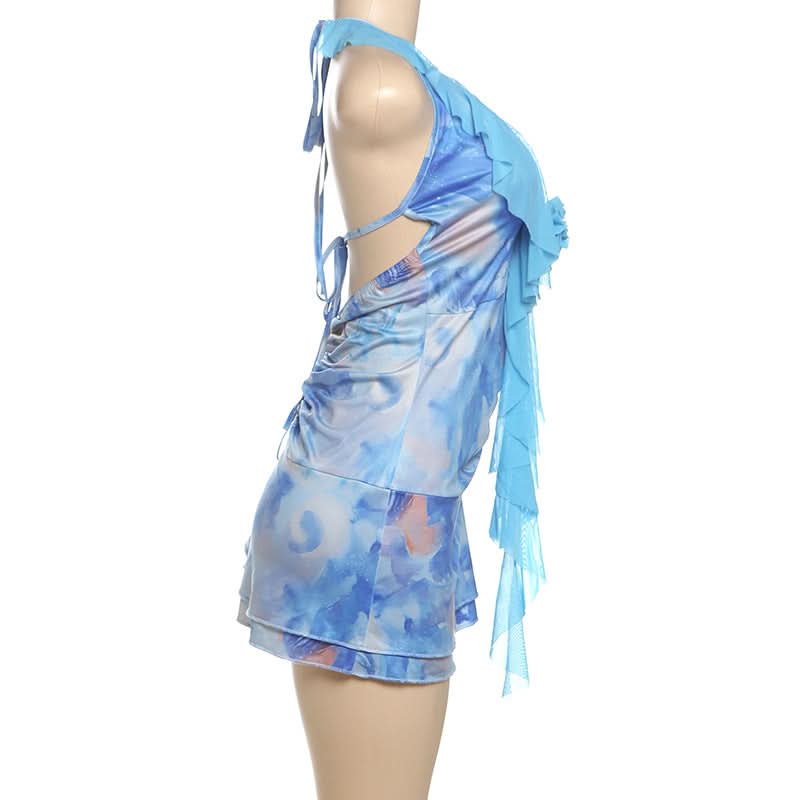Y2K Dream Blue Abstract Swirl Halter Mini Dress - Ruched & Ruffled for Parties & Vacations