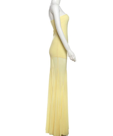 Radiant Golden Hour Strapless Maxi Dress with Sheer Flowy Skirt