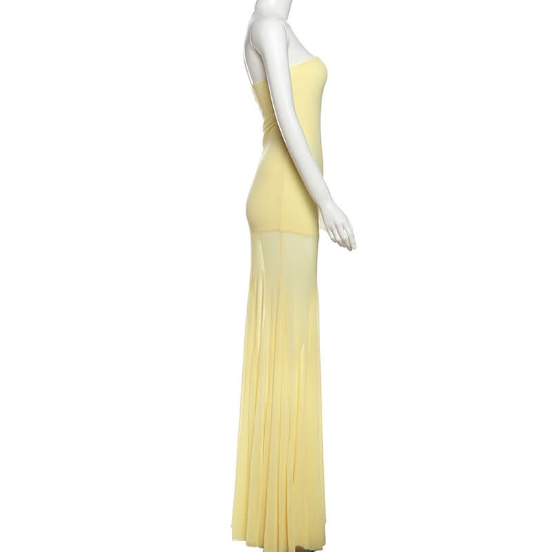 Radiant Golden Hour Strapless Maxi Dress with Sheer Flowy Skirt