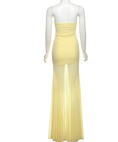 Radiant Golden Hour Strapless Maxi Dress with Sheer Flowy Skirt