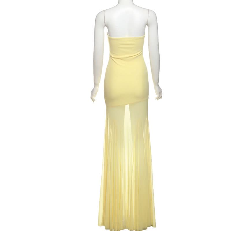 Radiant Golden Hour Strapless Maxi Dress with Sheer Flowy Skirt