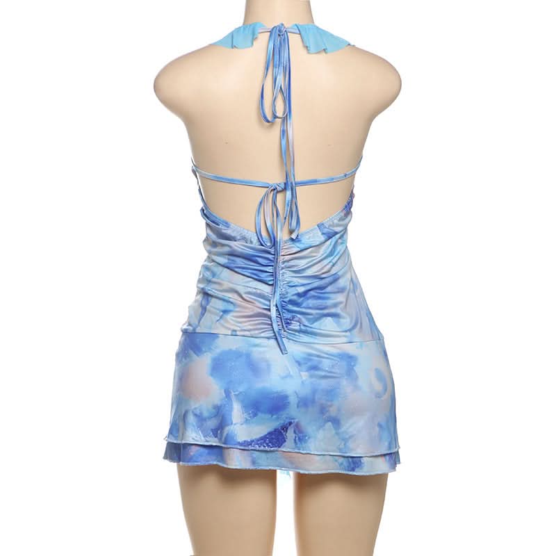 Y2K Dream Blue Abstract Swirl Halter Mini Dress - Ruched & Ruffled for Parties & Vacations