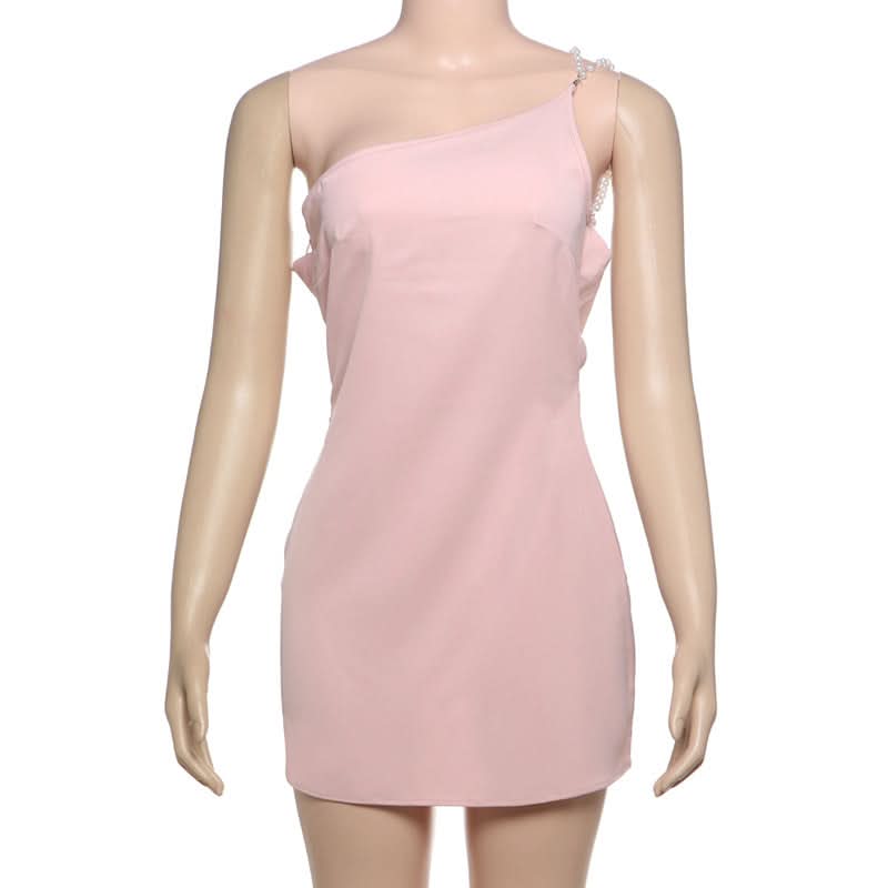 Chic Pearl Strap One-Shoulder Mini Dress - Perfect for Fall Parties & Holiday Glam