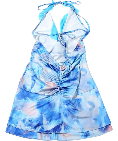 Y2K Dream Blue Abstract Swirl Halter Mini Dress - Ruched & Ruffled for Parties & Vacations