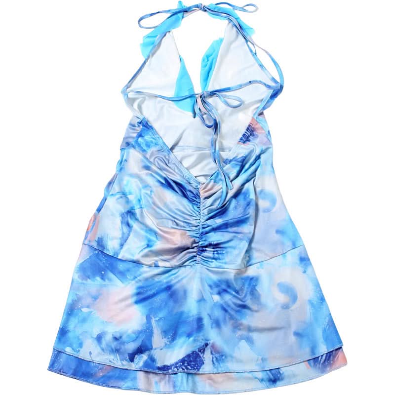 Y2K Dream Blue Abstract Swirl Halter Mini Dress - Ruched & Ruffled for Parties & Vacations
